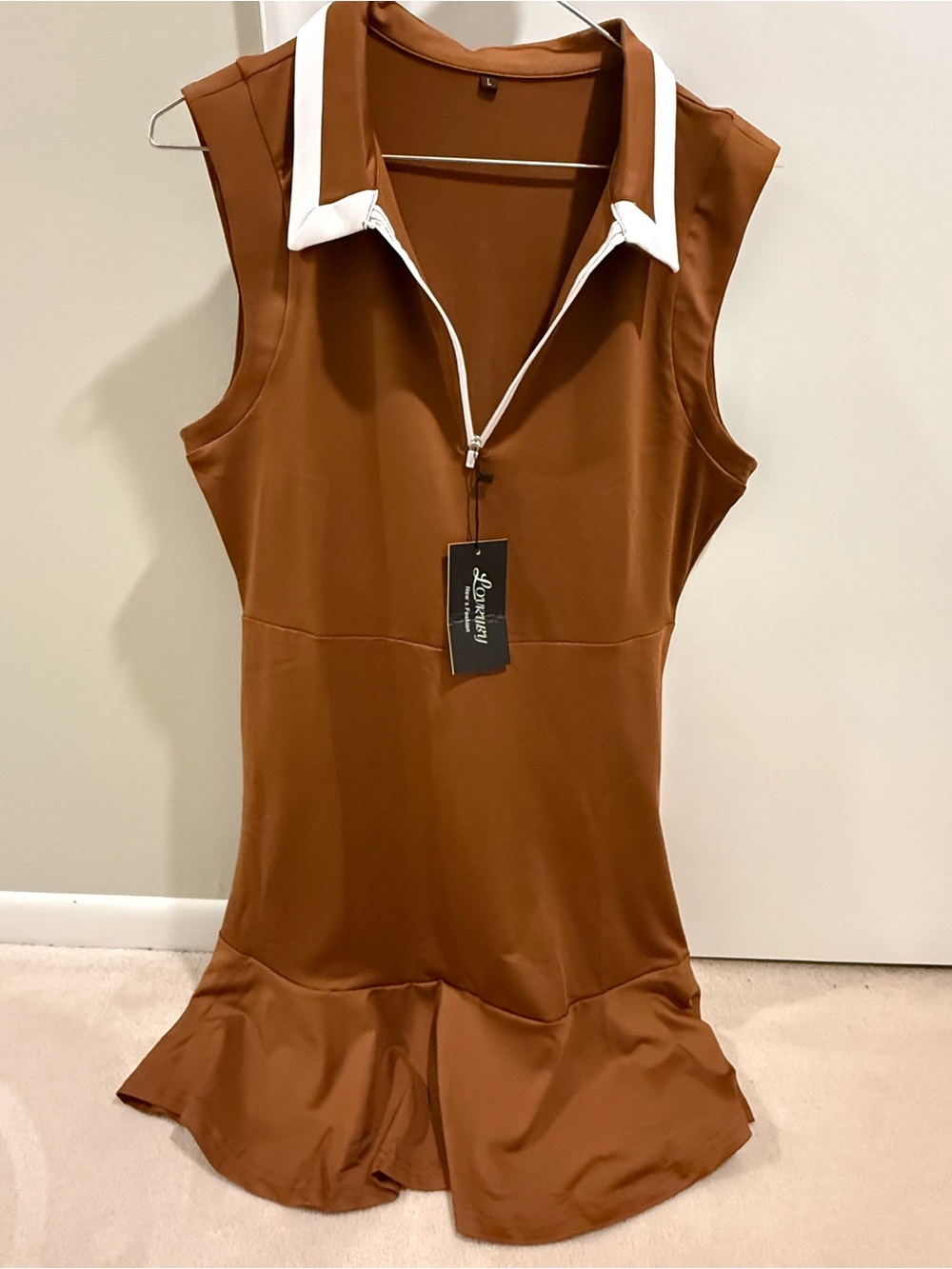 NWT Brown Sleeveless Zip Polo Dress with White Collar
